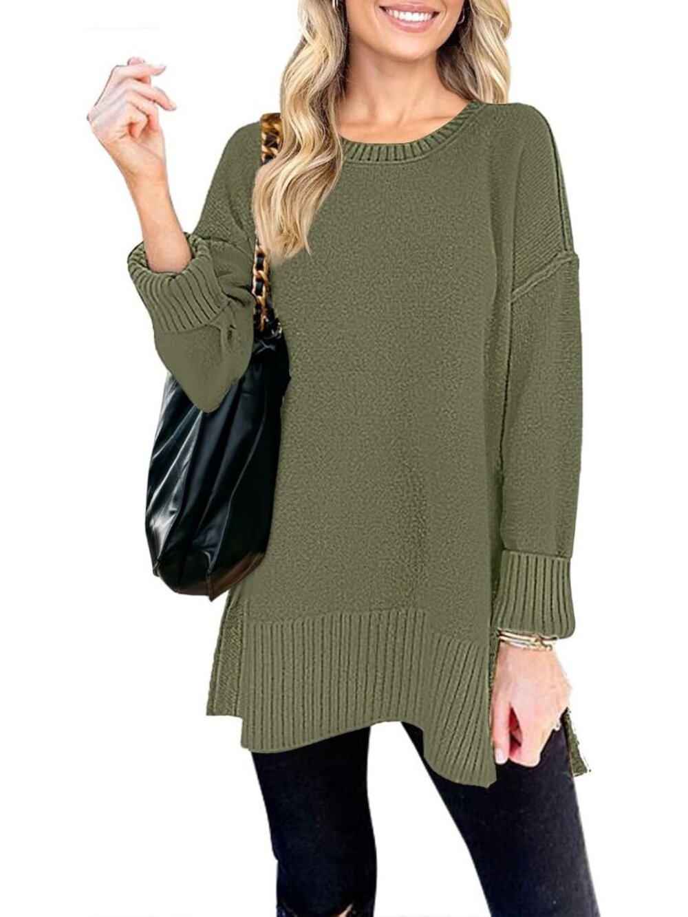 Women's Green Fall Winter Oversized Casual Pullover Tunic Long Sleeves Sweater